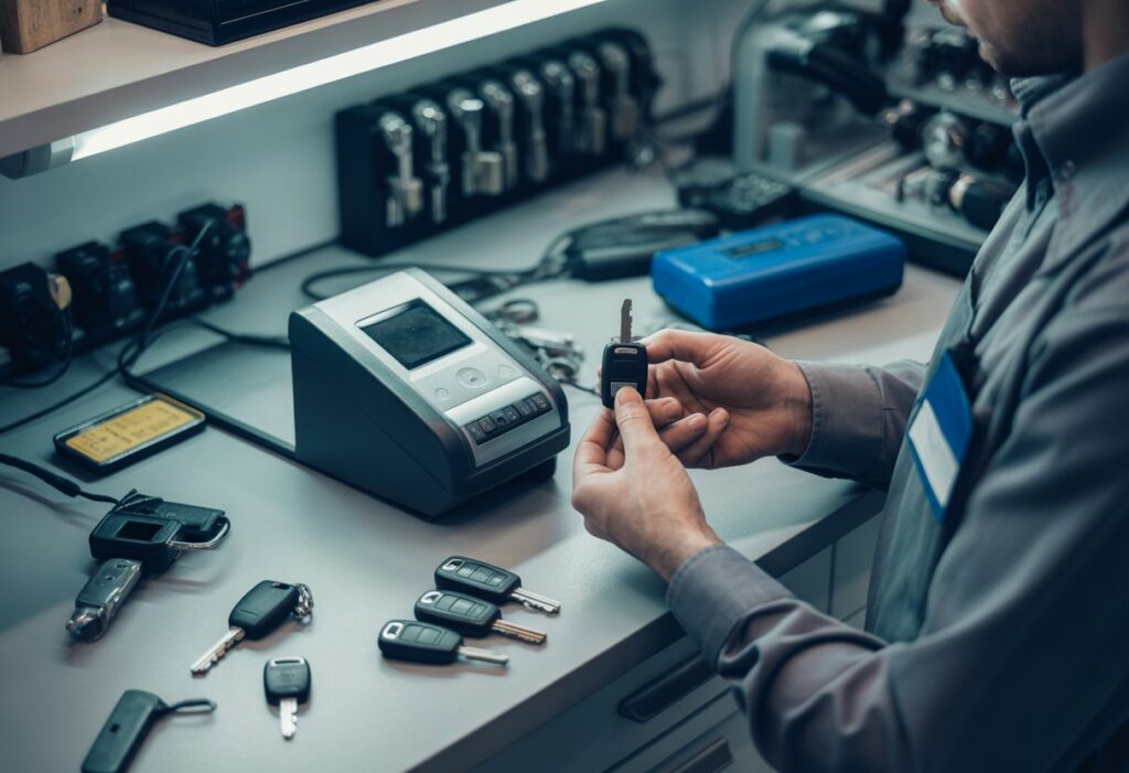 Un technicien en atelier de serrurerie automobile programme et reproduit une clé de voiture avec des outils électroniques sur un établi bien organisé.