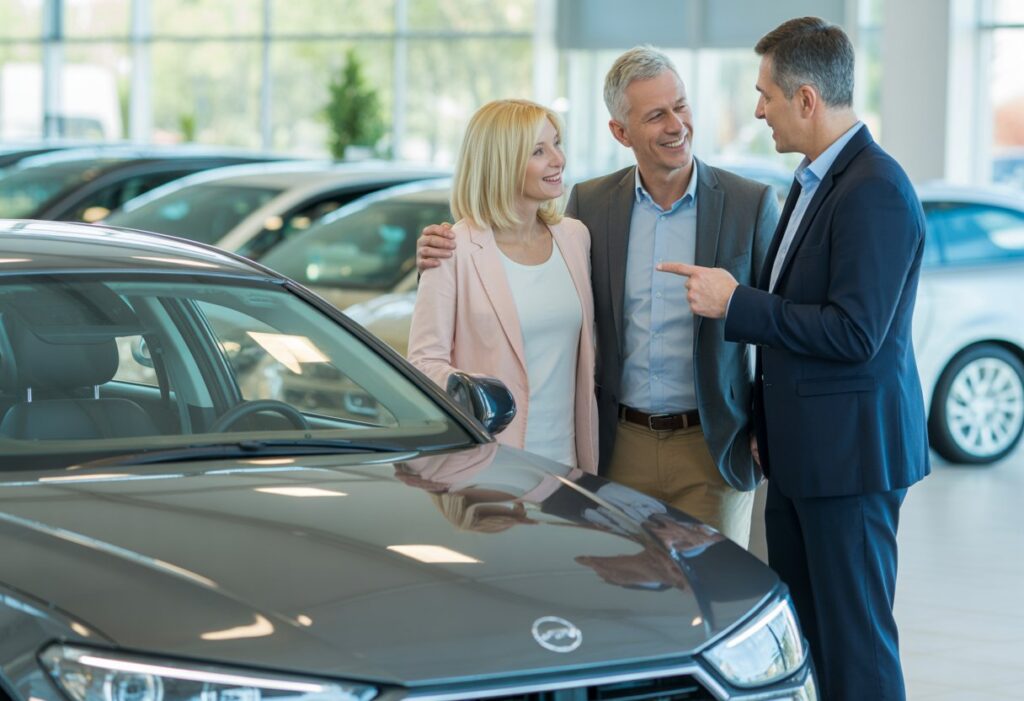 Un couple souriant avec un vendeur dans une concession automobile, regardant une voiture d'occasion.