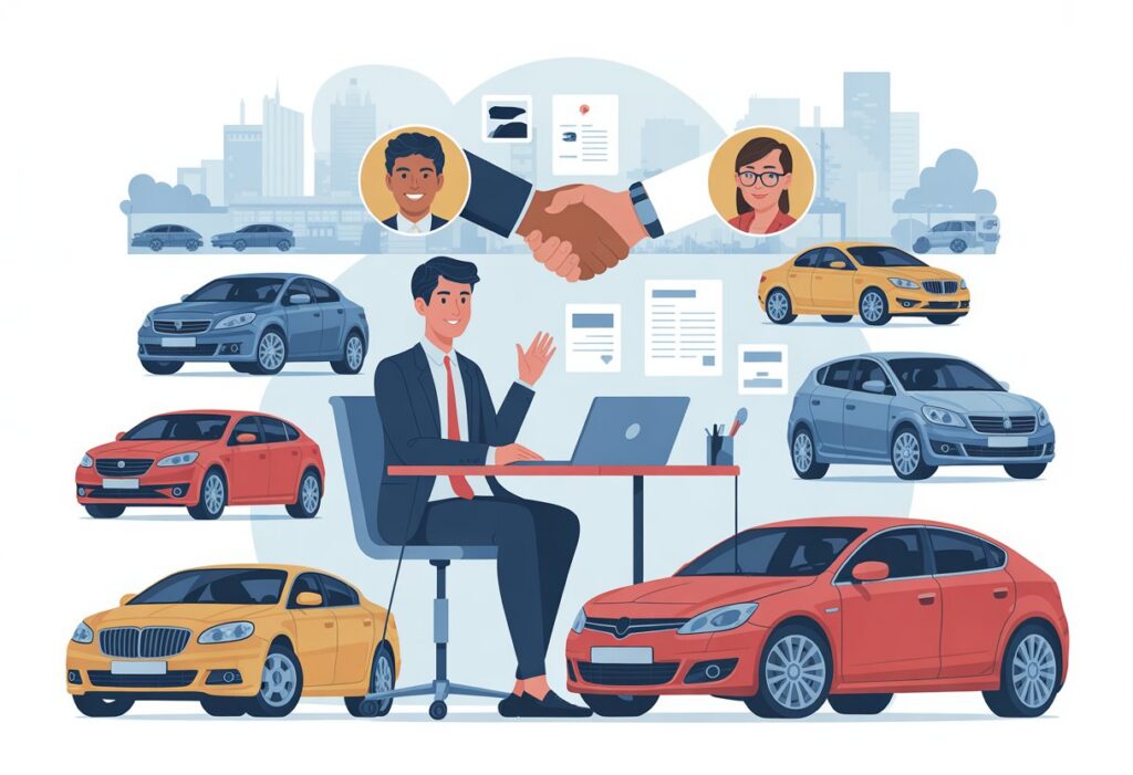 Une personne professionnelle assise à un bureau avec un ordinateur, entourée de plusieurs voitures, en train de conseiller un client dans un environnement urbain.