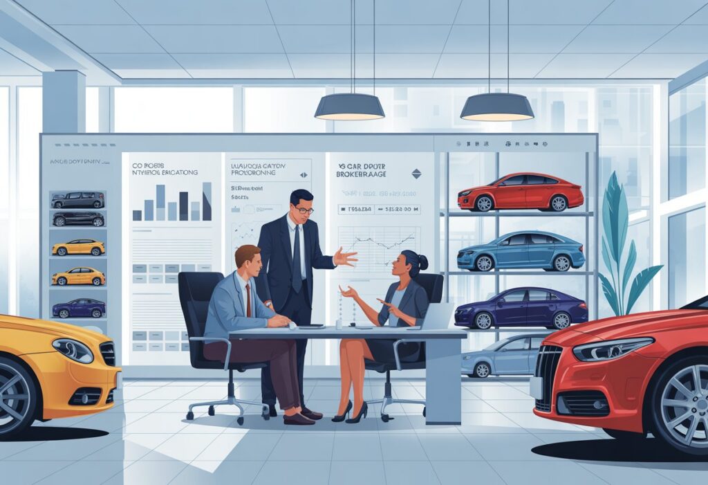 Un homme et une femme en tenue professionnelle discutent avec un client dans un bureau moderne de courtage automobile, avec des voitures exposées en arrière-plan.